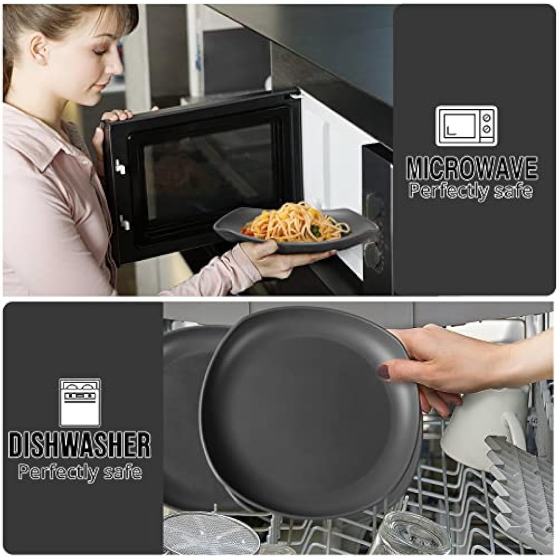 Greentainer Unbreakable Lightweight Dinnerware Sets, Plastic Dinner Set, 4 Dining Plates, 4 Bowls, 4 Cups, Microwave and Dishwasher Safe, Camping Tableware for Kids and Adults, Service for 4(Grey)