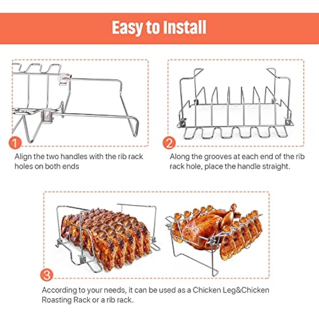 3 in 1 Extra Large Rectangle Rib Rack&Chicken Leg Rack with Brush, Stainlesss Steel Roasting Rack with 2 Handle for Smoker, Oven and Grill, Holds Up to 5 Ribs, Easy to Use&Clean