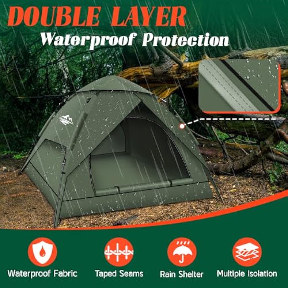 2-3 Man Tent, Pop Up Camping Tent Waterproof, Double Layer Dome Tents with Removable Outer Tarp, Pop Up Tents for Hiking, Outdoor, Backpacking