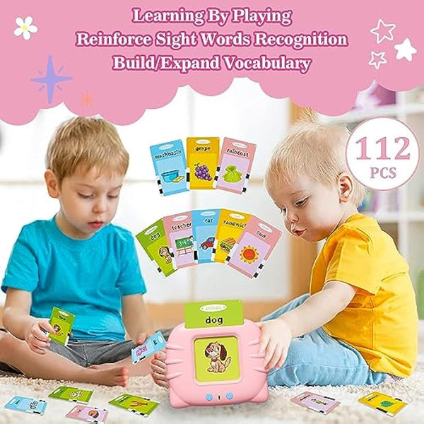 GUYUCOM Girls Toy Talking Flash Cards for 2,3,4 Years Old Kids, British Accent Speech Therapy Toys for Children, Autism Sensory Toddler Gifts with 112 Talking Flash Cards (Pink)