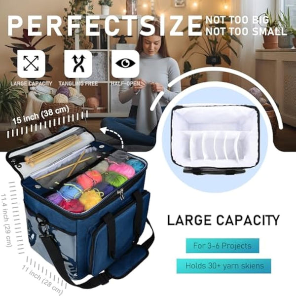 Hoshin Knitting Bag for Yarn Storage, Portable Crochet Tote Bag Yarn Organizer for Crochet Patterns and Hooks, Needles, Skeins of Yarn-Enjoy Knitting/Crocheting Anywhere(Navy)