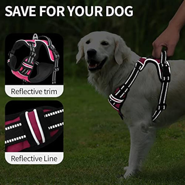 HEELE Dog Harness, Reflective Anti-Pull, Control, 2 Metal Rings, XL, Pink Red
