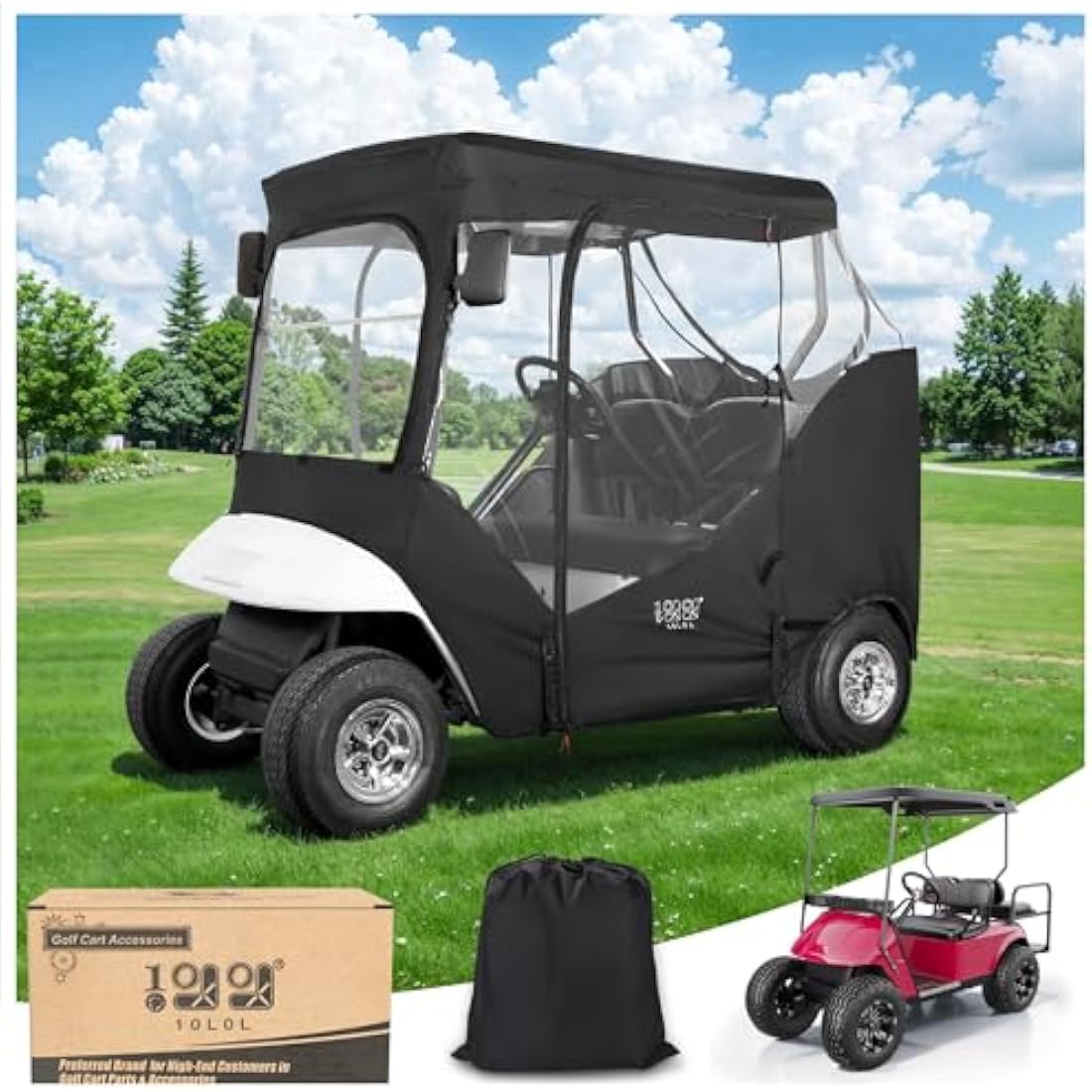 10L0L Golf Cart Enclosure Fit for 2 Passengers EZGO TXT RXV,600D Waterproof Snowproof Golf Buggy Keep Warm Cover, 2 Door Zippers 4-Side Clear Window and 4 Windproof Hooks Golf Cart Rain Cover, Black