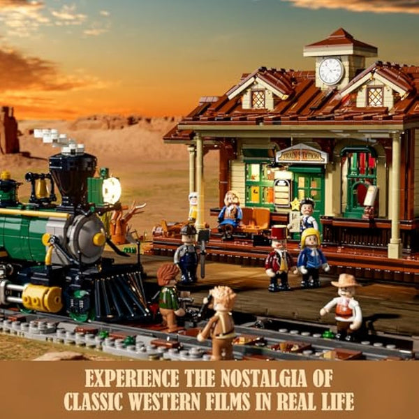 FUNWHOLE Western Train Station Building Set with LED Lights, 1974 PCS Old West Brick Model with 5 Mini Figures, Modular Railroad Station Toy for Adults and Teens, Compatible with Western Series
