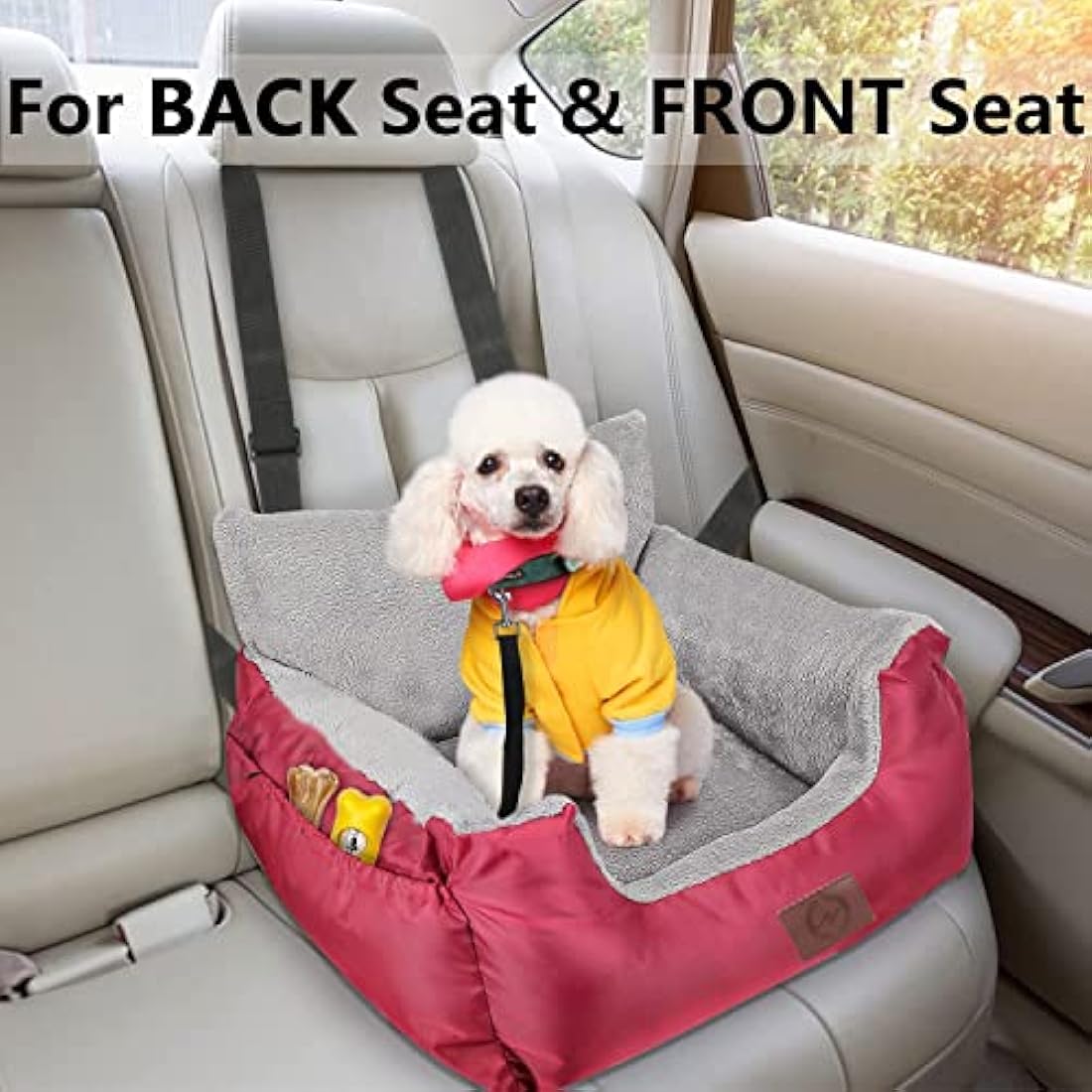 GoFirst Dog or Cat Booster Seat - Travel Car Bed with Storage Pocket, Clip-On Safety Leash, Waterproof Warm Plush, Red