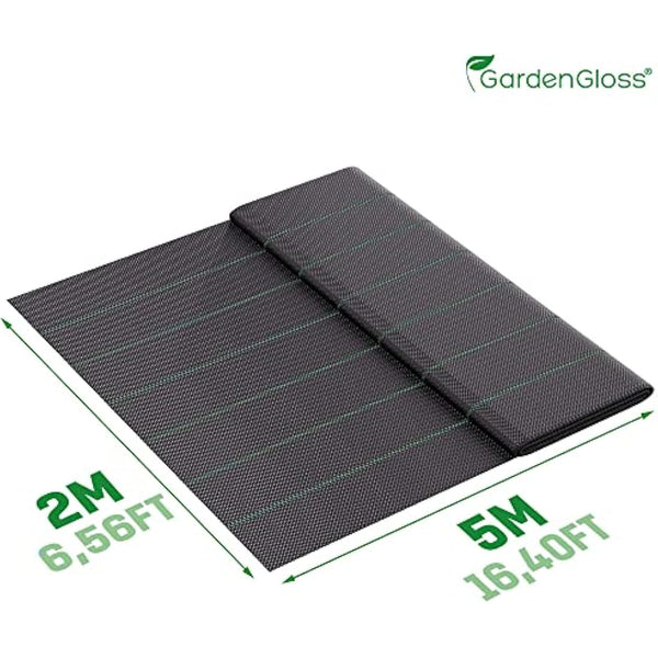 GardenGloss 10m2 Weed Control Fabric (100gsm) - Water Permeable and Tearproof Weed Barrier Fabric - Weed Control Membrane with High UV-Stabilisation (5m x 2m, folded)