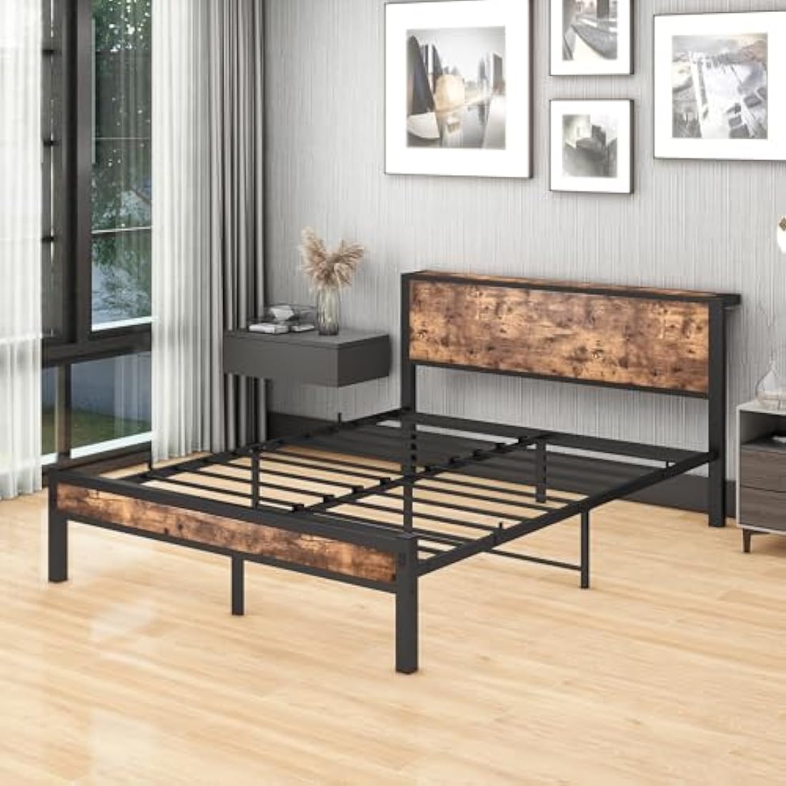 DUMEE King Size Bed Frame with Storage Wooden Headboard, Metal Bed Frame Kingsize Bed Base/Mattress Foundation, Enhanced Support Noise Free, Textured Black+Brown Oak