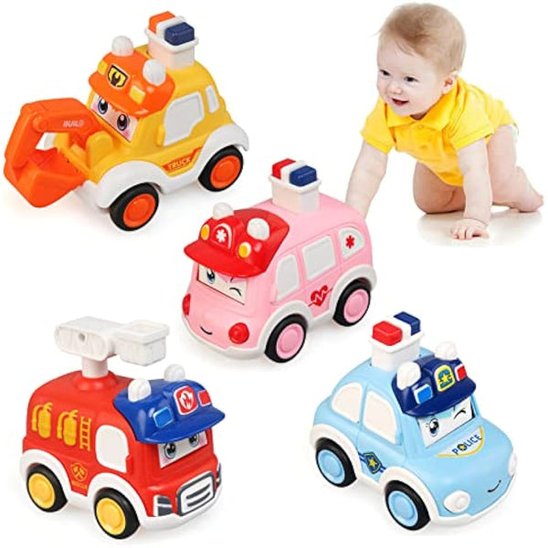 JoyPlus 4Pcs Baby Toy Cars, Press and Go Baby Toy Cars for 1 2 3 Year Old Toddlers, Cartoon Wind up Car Set, Car Toys Set Early Educational Toys Gifts for 1 2 3 Year Old Kids Boys Girls