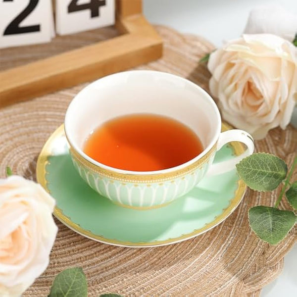 fanquare Teapot Cup and Saucer Set, British Afternoon Tea Set for One with Gold Trim, Porcelain Teapot for Adults Gift, Green Stripes