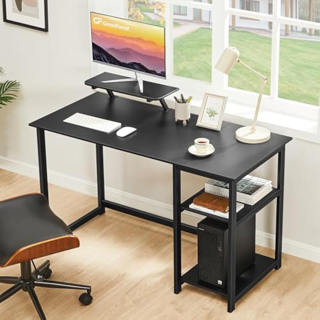 GreenForest Computer Desk with Monitor Stand,100cm Home Office Desk with Reversible Storage Shelves,Study Desk for Small Spaces,Black