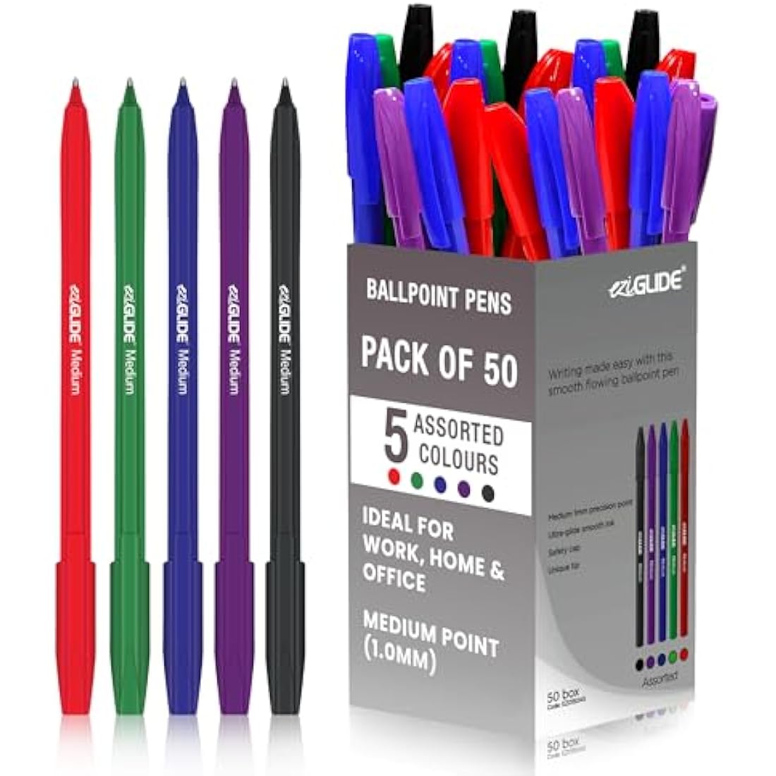 Eziglide 50-Pack Ballpoint Pen Set, 5 Assorted Colours – Medium Point Nib (1.0mm) for Precise Writing & Ergonomic Grip – Writing Pens for Home, Office, Teachers, Exams, Work, and Stationary Use