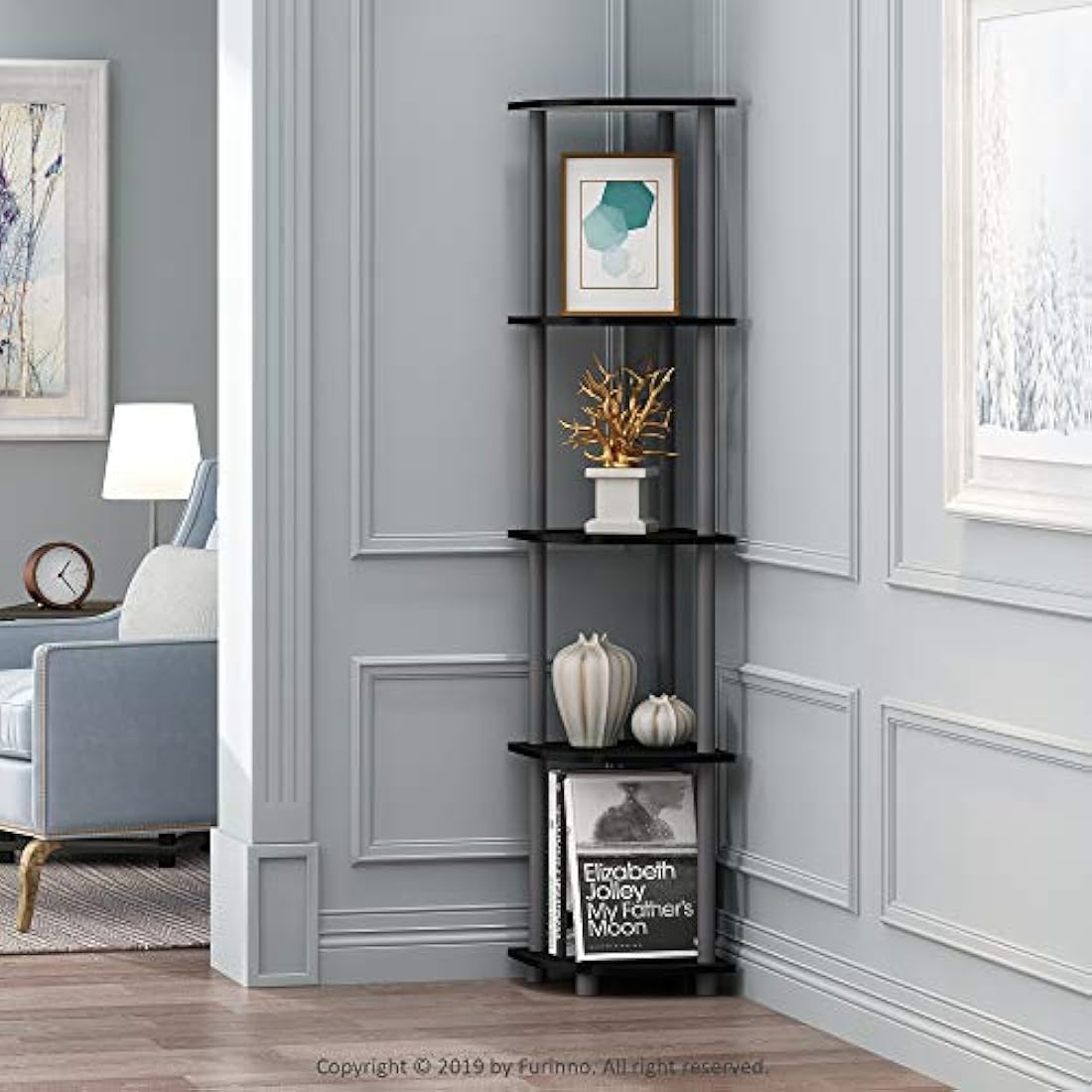 Furinno Turn-N-Tube 5 Tier Corner Display Rack Multipurpose Shelving Unit, Black/Grey