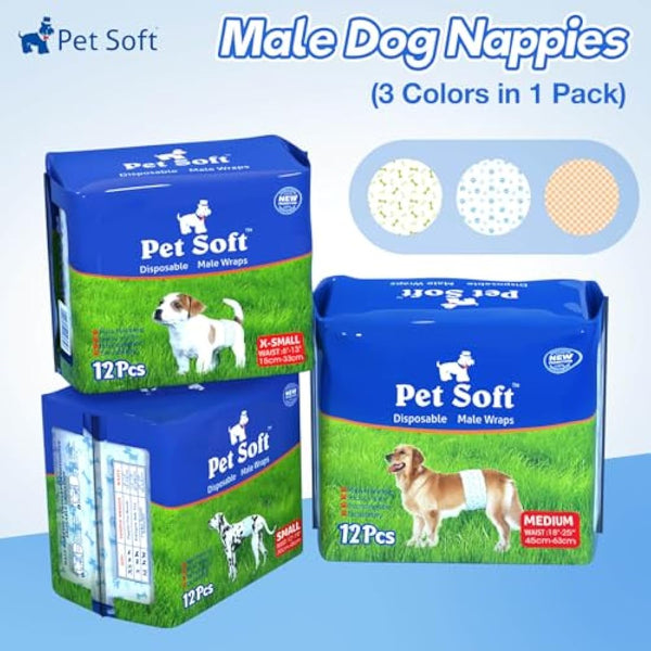 Pet Soft Male Dog Nappies - Disposable Pet Diapers Male Dog Wraps, Super Absorbent Doggy Puppy Nappies for Dogs & Cats Urinary incontinence Small 72count (S 12count (12'-19'))