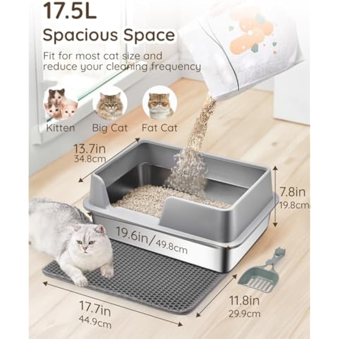 Papettly High Sided Stainless Steel Litter Box - Metal Cat Litter Tray with Splash-Proof Lid, Easy Cleaning & Odor-Less Kitten Litter Tray with Double Layer Litter Mat, Litter Scoop, Brush, 50x35x20CM