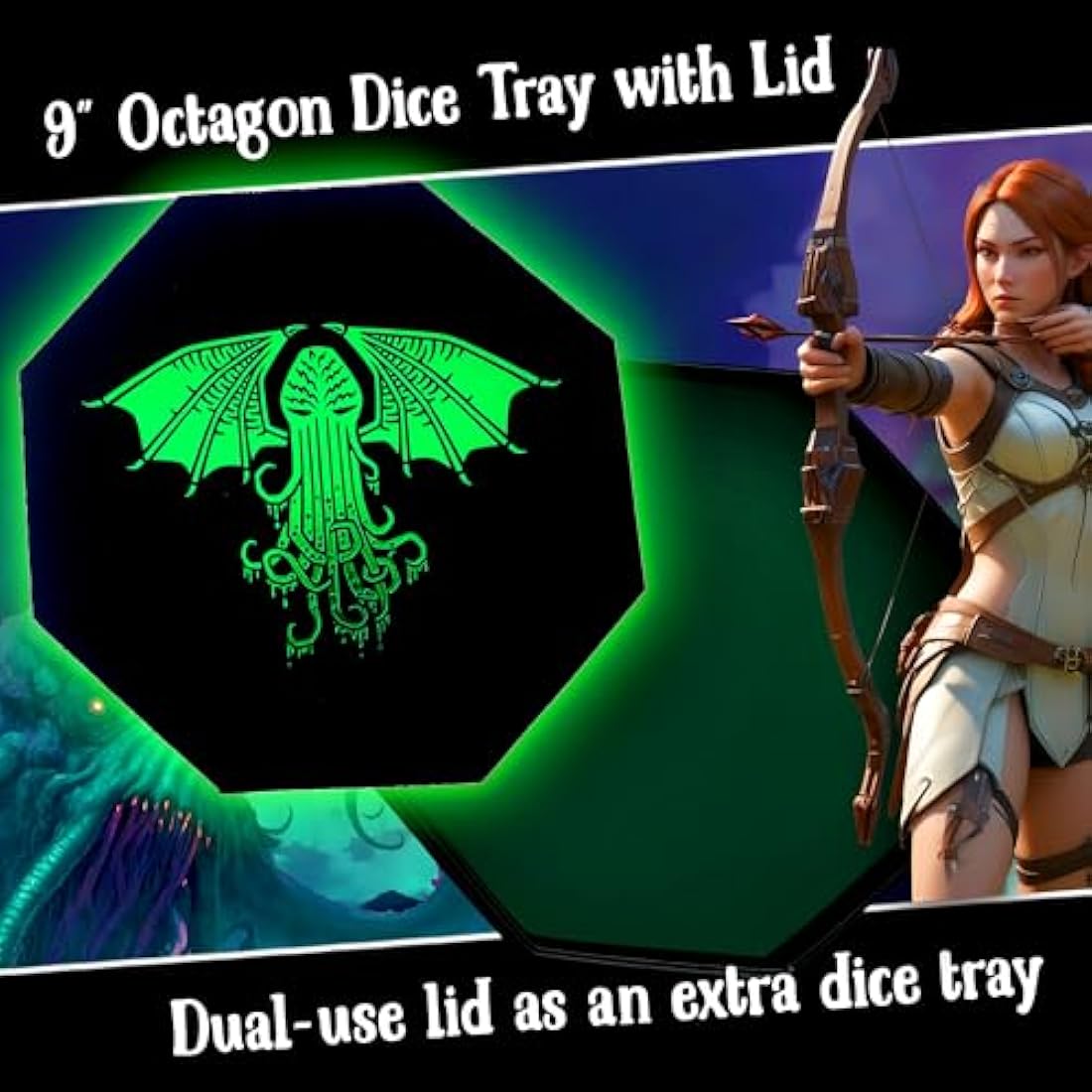 Fantasydice-CTHULHU TOME-GREEN - Dice Tray - 8" Octagon with Lid and Dice Staging Area- Holds 5 Sets(7 Dice Set/Standard) for All Tabletop RPGs Like D&D, Call of Cthulhu, Shadowrun.