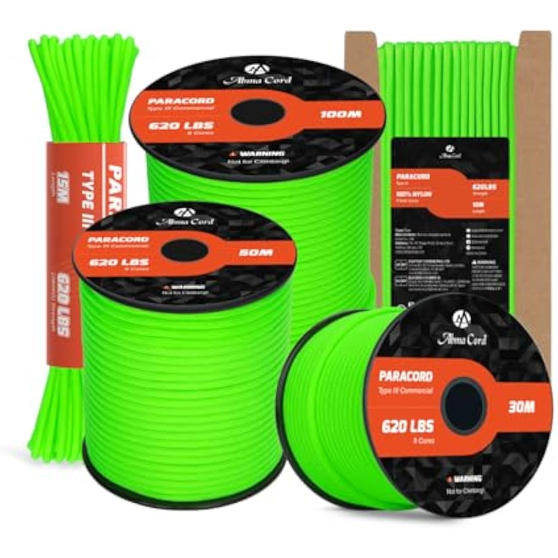 Abma Cord Paracord 4mm 100m 100% Nylon Rope 9 Strands Type III Parachute Cord for DIY, Camping, Survival, Outdoor - Max. 280kg - Neon Green