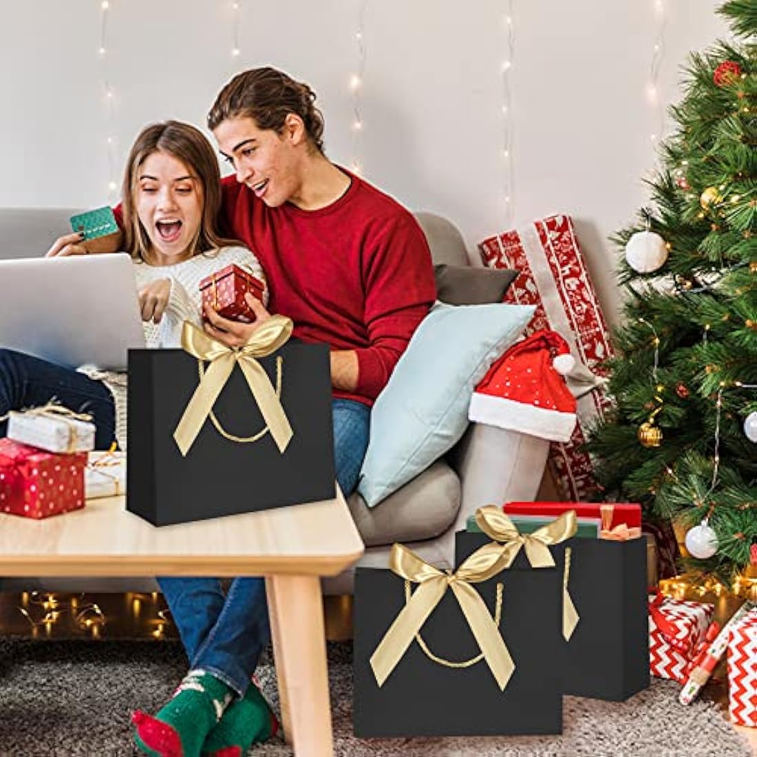 10pcs Gift Bag With Gold Ribbin Luxury Paper Party bag With Handles For Wedding Birthday Baby Shower Halloween Christams((32 * 25 * 10cm, Black)