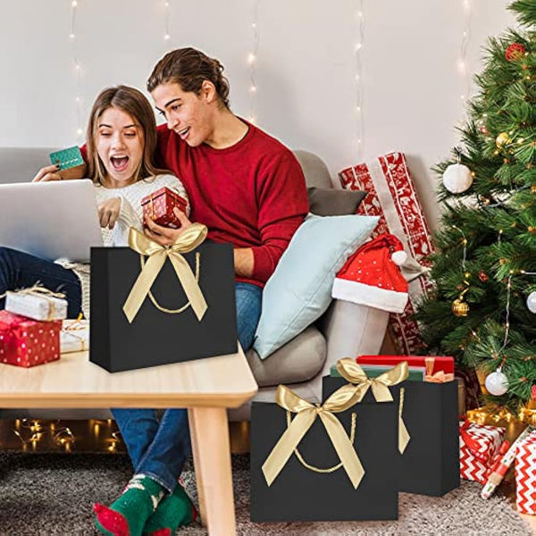 10pcs Gift Bag With Gold Ribbin Luxury Paper Party bag With Handles For Wedding Birthday Baby Shower Halloween Christams((32 * 25 * 10cm, Black)