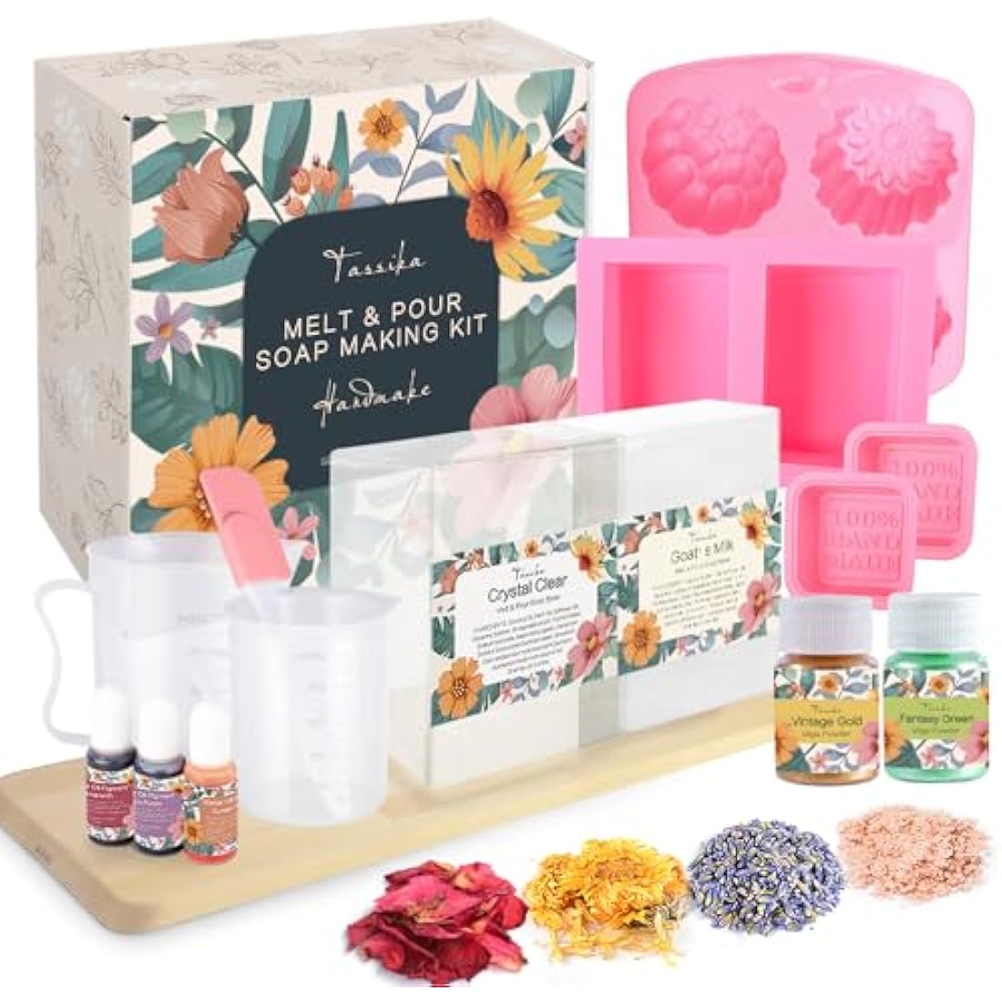 Handmade Soap Making Kit Supplies, DIY Melt & Pour Soap Making Kit for Adults: Includes 2lbs Soap Base, Dried Flowers, Pigment, Silicon Mold, Measuring Cup, Personalized Handmade Soap Set Gift