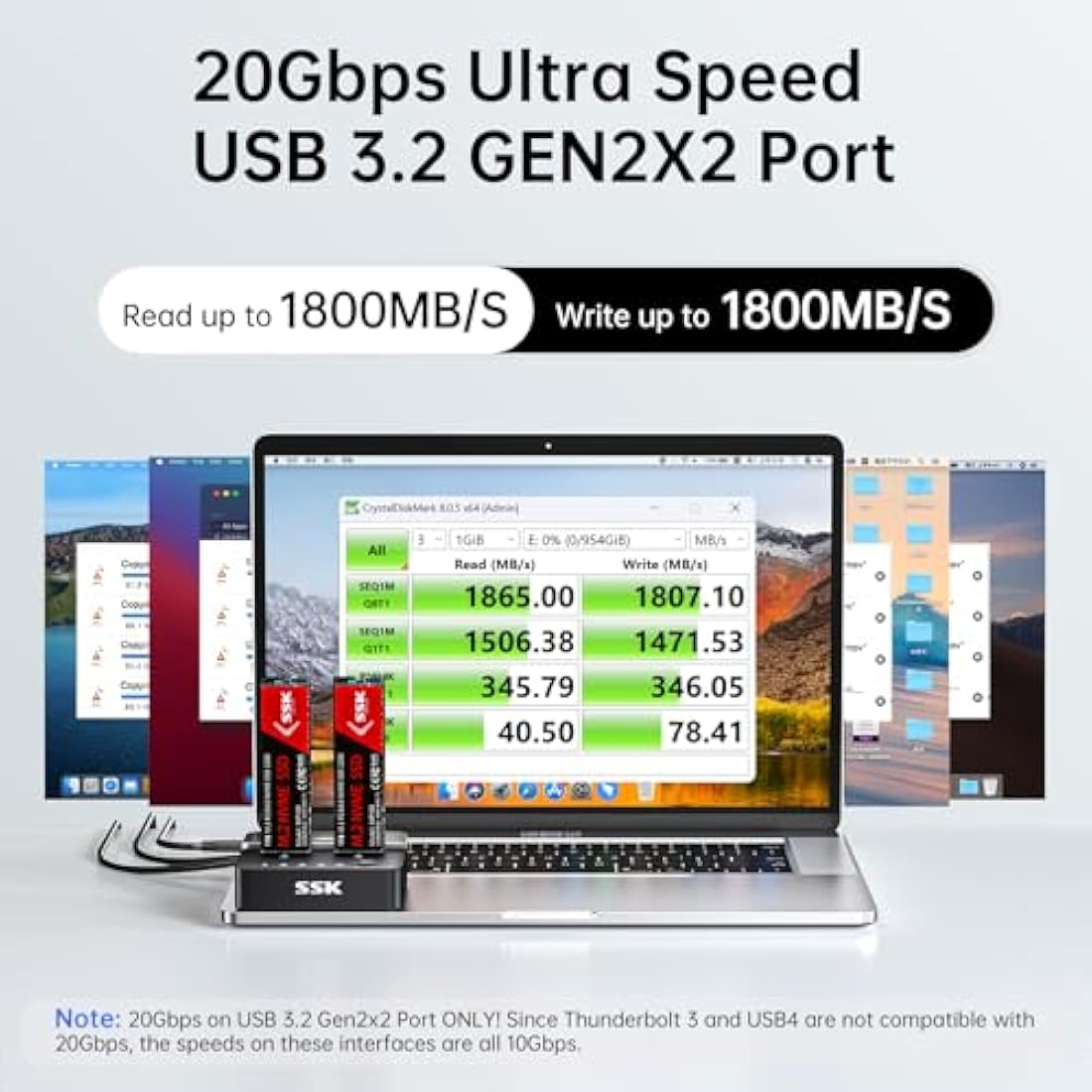 SSK M.2 NVMe SSD Cloner, Dual Bay Enclosure, Tool-Free 20Gbps USB3.2 Gen 2X2 Docking Station for M Key PCIe NVMe SSD Reader, Offline Clone