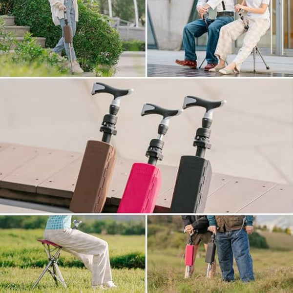 Ta-Da Chair PRO - Walking Stick with Seat, Ultra-Light Aluminium Frame & Sturdy Foldable Stool (up to 120kg), Collapsable Folding Design, Ideal for Travel & Sightseeing - Brown, Adjustable