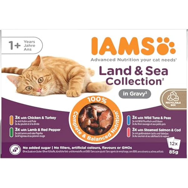 IAMS Adult Wet Cat Food Land & Sea in Gravy 12 x 85g