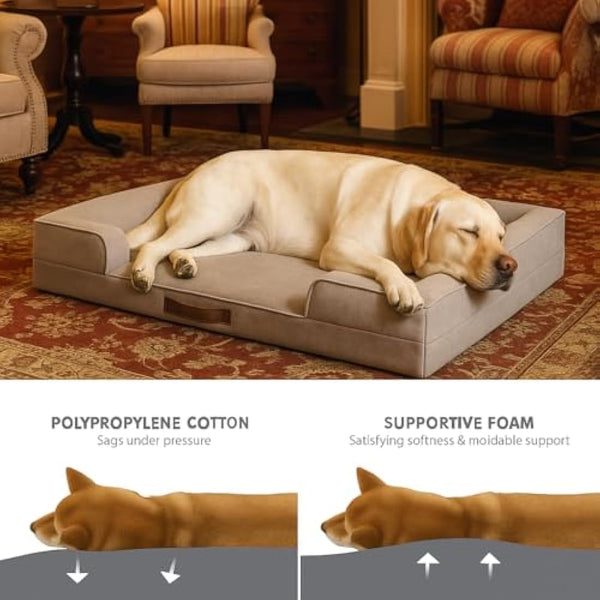 Codi Extra Large Memory Foam Layer Dog Bed, Washable Orthopedic Dogs Beds Couch with Removable Zipper Cover, Waterproof Pet Sofa with U-Shape Bolster, Grey, 106x81x(8.9+8.9) cm