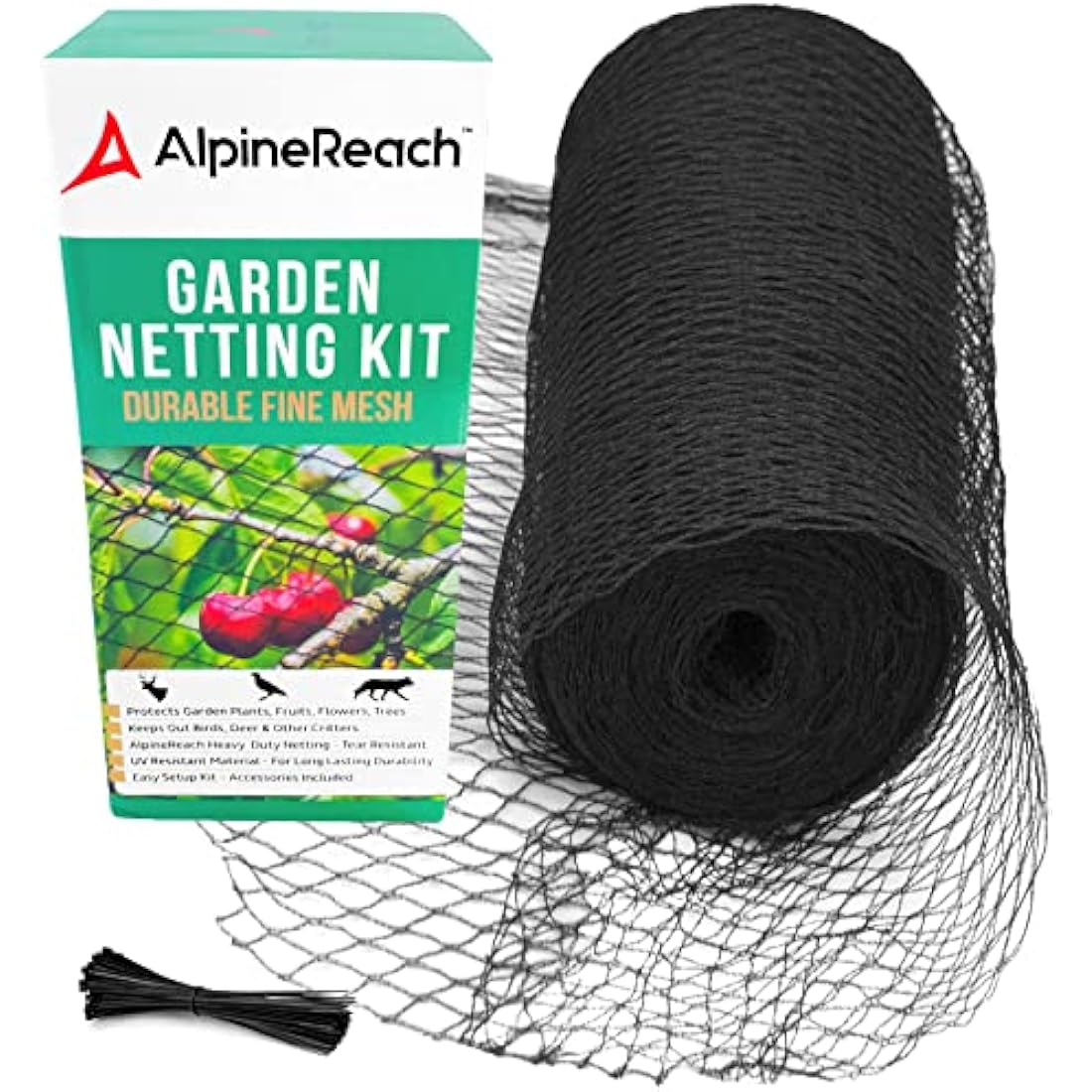 AlpineReach Garden Netting 2m x 20m Extra Strong Woven Mesh Bird Netting Heavy Duty Kit - Protect Plants & Fruit Trees Against Animals & Deer Fencing Protection - Reusable with Cable Ties, Black