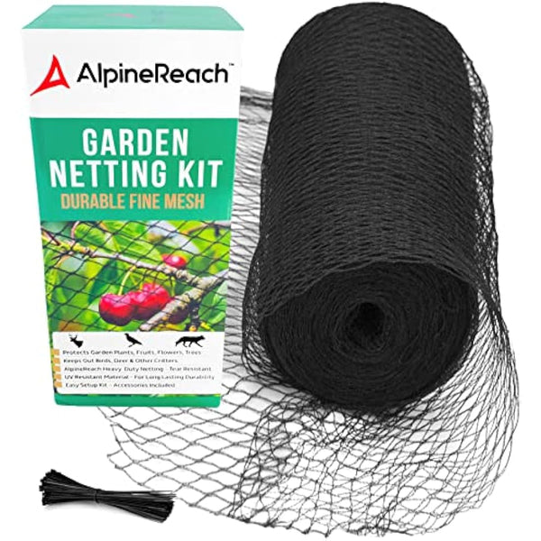 AlpineReach Garden Netting 2m x 20m Extra Strong Woven Mesh Bird Netting Heavy Duty Kit - Protect Plants & Fruit Trees Against Animals & Deer Fencing Protection - Reusable with Cable Ties, Black
