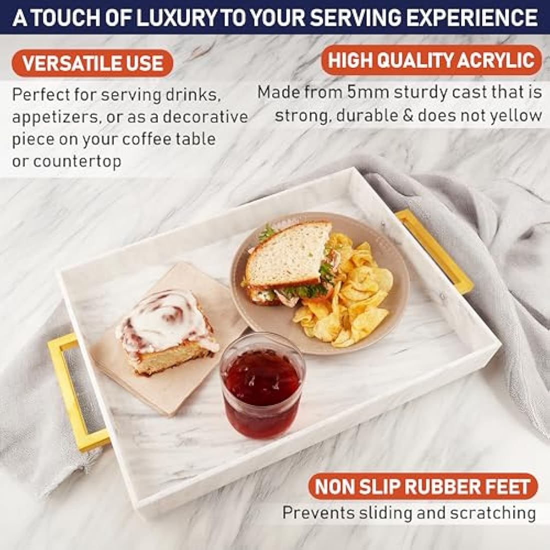 Acrylic Serving Tray with Gold Handles, 16" x 12" Decorative Trays for Coffee Table, Spill Proof Food and Drinks Server, Ottoman Tray for Countertop, Kitchen, Vanity, Serving Party Platter (Marble)