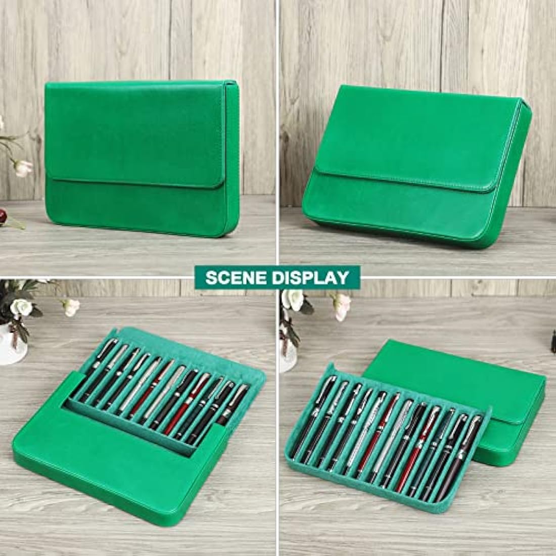 Hiram Leather Pen Case for 12 Pens Vegetable Tanned Leather Fountain Pen Storage Box with Hidden Magnetic Snap Closure and Pen Tray Design (Green)
