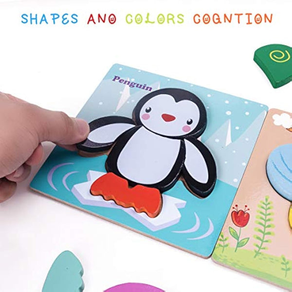 Highttoy Wooden Puzzles for 1 2 3 Year Olds,5 Pcs Jigsaw Puzzles for Toddlers Animal Shape Chunky Blocks Early Eduactional Montessori Wooden Toys for Boys Girls Age 1-3