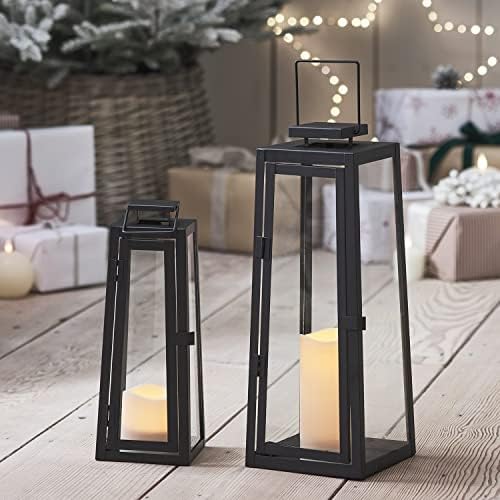 Lights4fun Set of 2 Outdoor Garden Solar Powered Black Metal Decorative TruGlow® LED Candle Lanterns Lights IP44 Waterproof