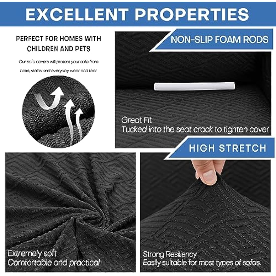 XINEAGE High Stretch Sofa Covers 4 Seater Latest Jacquard Extra Large Couch Covers for Dogs Pet 1 Piece Sofa Slipcovers Living Room Non Slip Couch Furniture Protector Washable (4 Seater, Black)