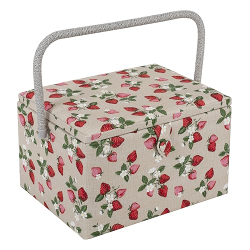 Hobby Gift Exclusive Large Sewing Craft Hobby Storage Box, Accessories Tray Pin Cushion Pocket PVC Handle 23.5 x 31 x 20cm, Strawberries