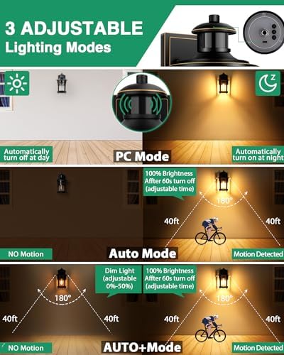 Lamomo Outdoor Wall Lights,Security Motion Sensor Lights Outdoor with Bulb,Waterproof Aluminum Dusk Till Dawn Outside Lights,3 Lighting Modes Wall Lantern Sconce with Sensor for Garden Doorway, Black