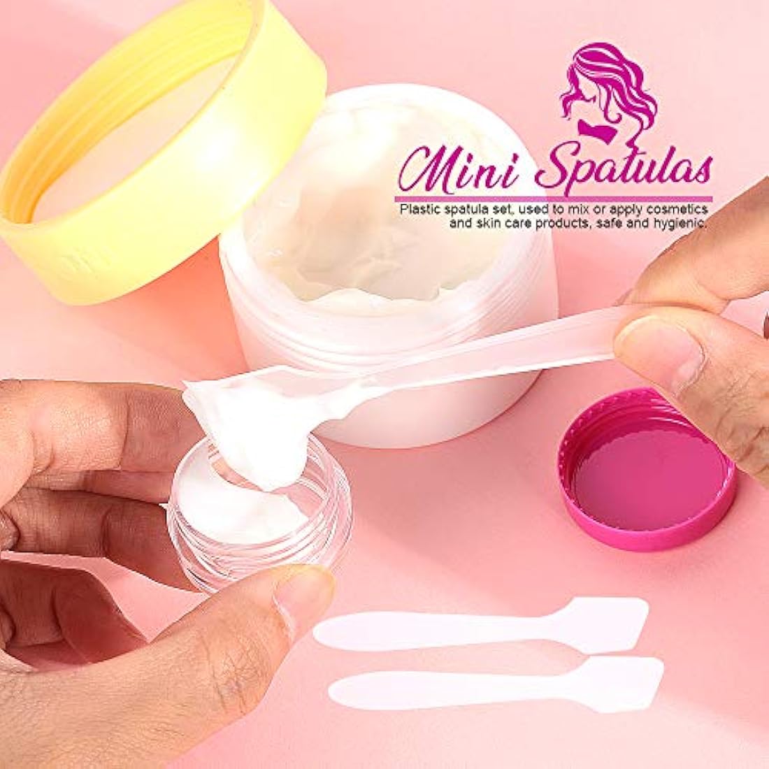 HNYYZL Empty Plastic Cosmetic Jars,50Pcs Sample Containers Pots Bottles,5ml Travel Pots,Small Pots with Lids Cosmetic,Travel Cream Pots for Toiletries (10pcs Spatulas and 50pcs Labels)