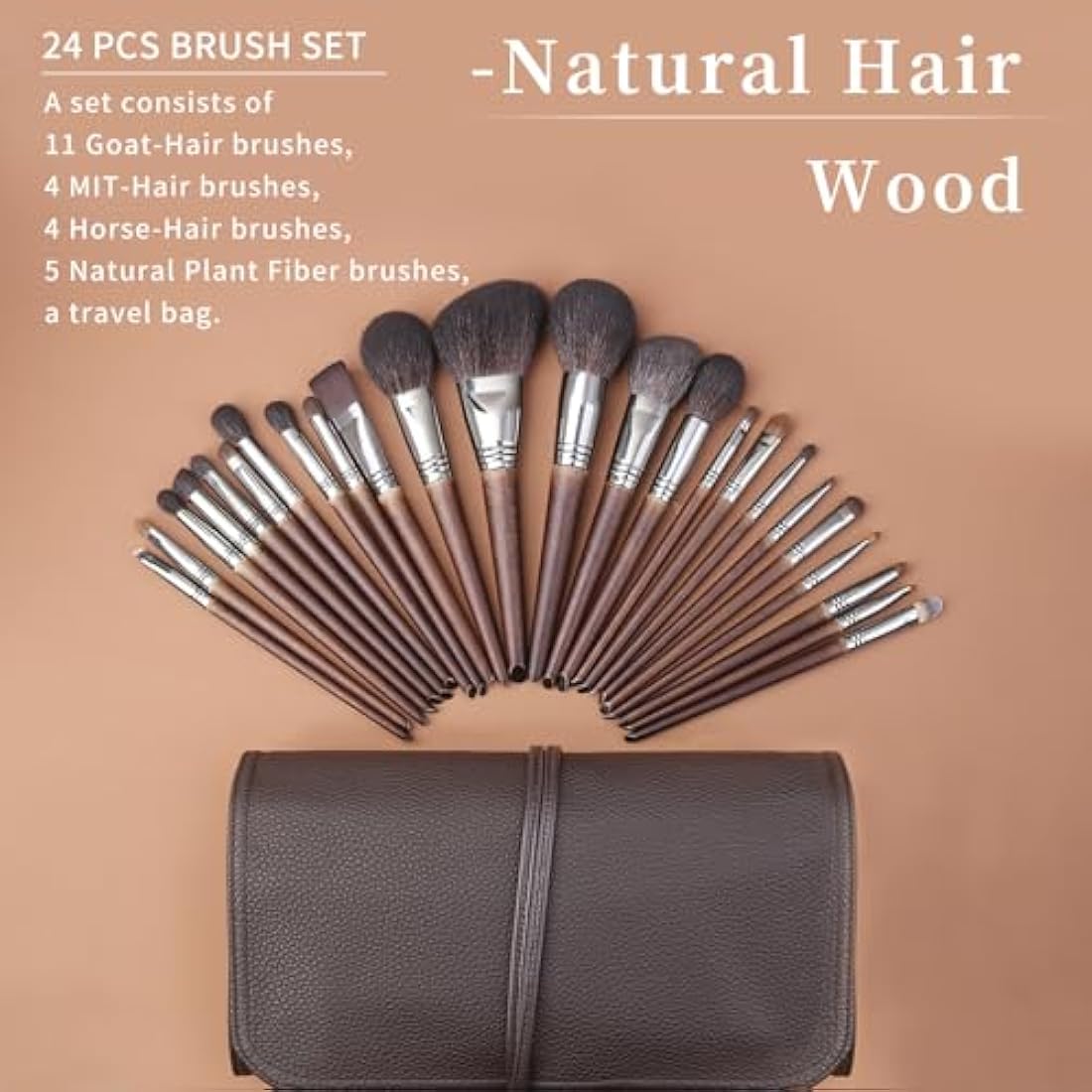 ENZO KEN Deluxe Natural Goat Hair Makeup Brush Set with Case, Makeup Brushes Set Professional, 24 Cosmetic Brushes, Wooden Makeup Brushes, Natural Bristle Makeup Brush.