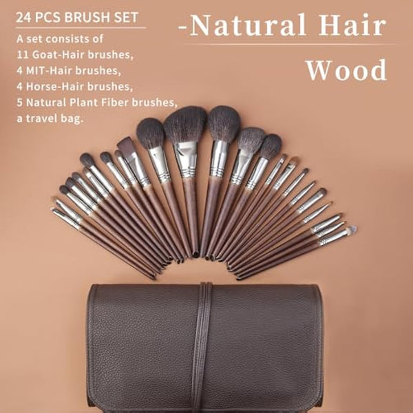 ENZO KEN Deluxe Natural Goat Hair Makeup Brush Set with Case, Makeup Brushes Set Professional, 24 Cosmetic Brushes, Wooden Makeup Brushes, Natural Bristle Makeup Brush.