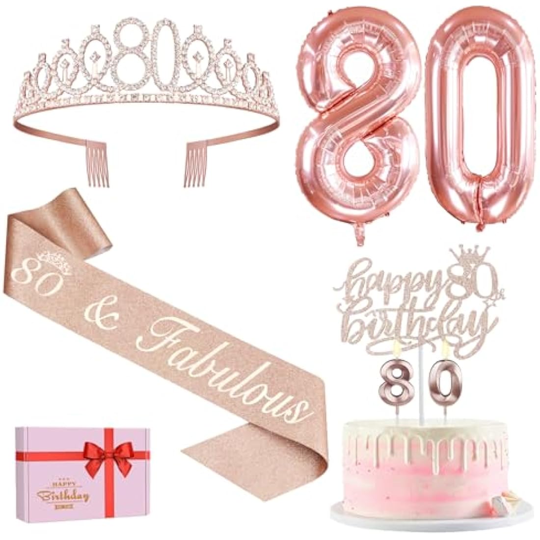 Amosking 80th Birthday Decorations for Women, Including 80th Birthday Sash and Tiara, Cake Topper and Candles, Rose Gold Number Balloons, 80 Year Old Gifts for Women