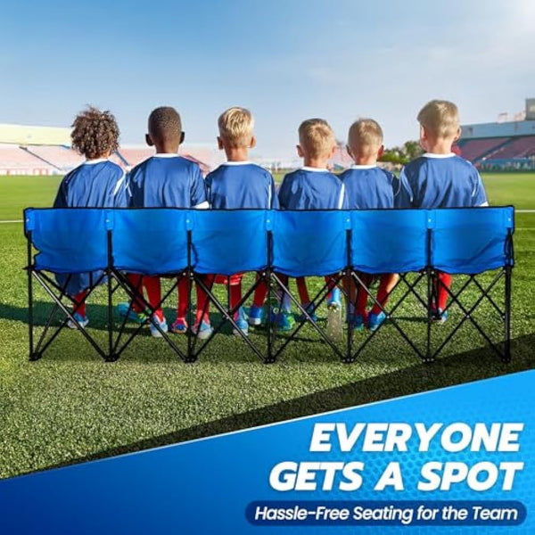 Flexzion Portable Folding Bench Seat, 6 Seater, Collapsible Soccer Bench, Portable Bench Seats for Bleachers, Camping, Sideline, with Back Rest and Carrying Bag, Blue
