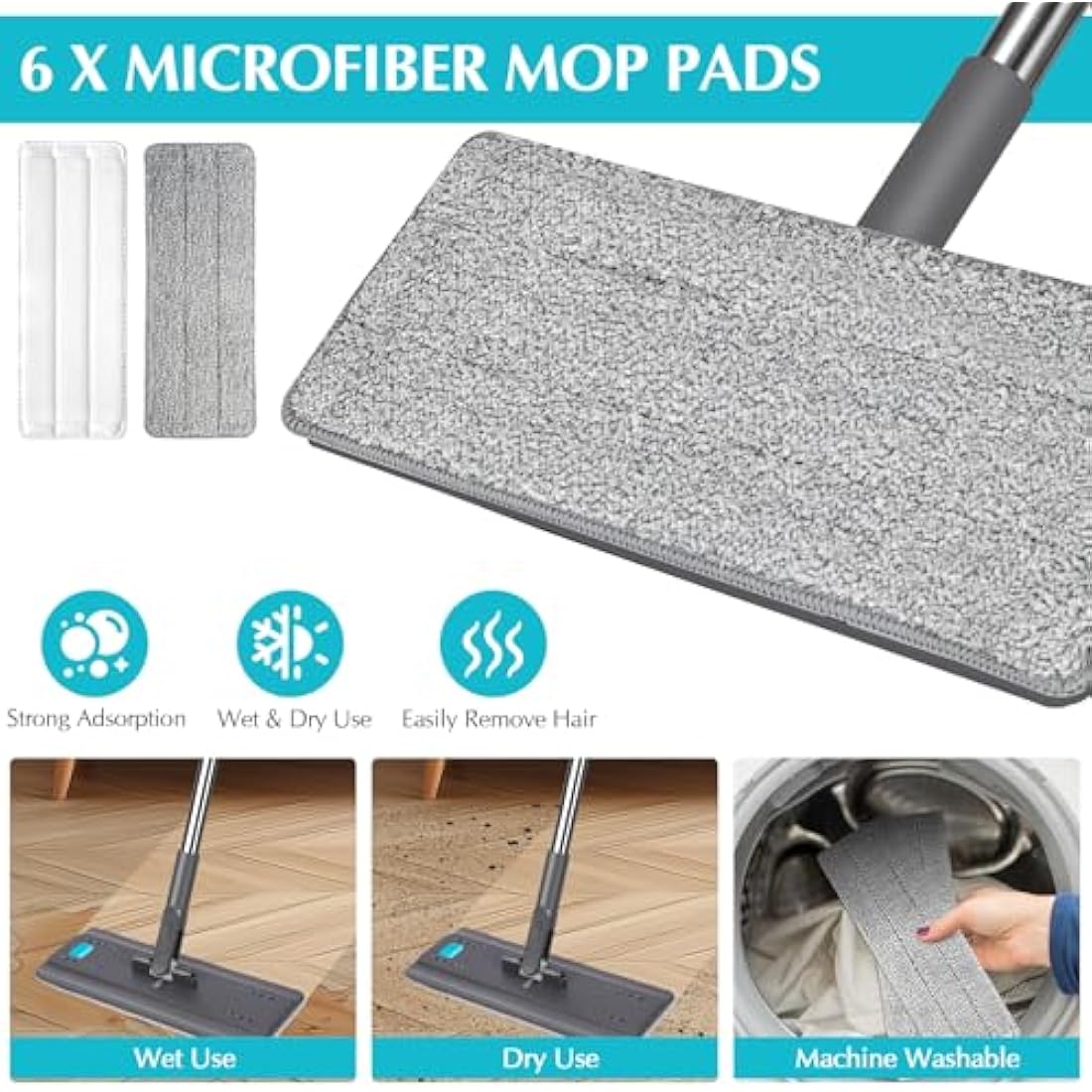 MASTERTOP Microfibre Mop and Bucket Set with 140cm Stainless Steel Handle | 6 Pcs Super Absorbent Pads & 2-in-1 Cleaning System | Wet and Dry Cleaning Mop Sets for Floors | Commercial & Home Use
