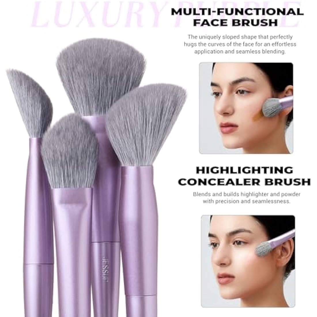 Jessup Makeup Brushes Face 5pcs, Premium Synthetic Make Up Brushes Set for Foundation Contour Blush Highlighter and Powder, Luxury Purple T514