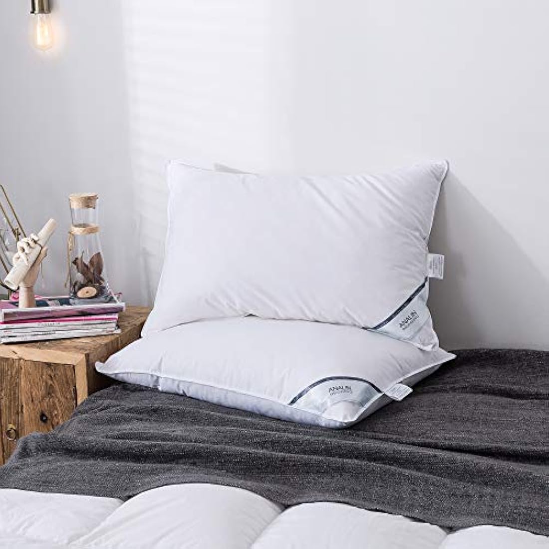 ANALIN 2 Pack Goose Feather Down Pillows, 100% Cotton Shell, Non-allergenic & Anti dust mite, Soft Hotel Quality Pillows (15% Goose Down)