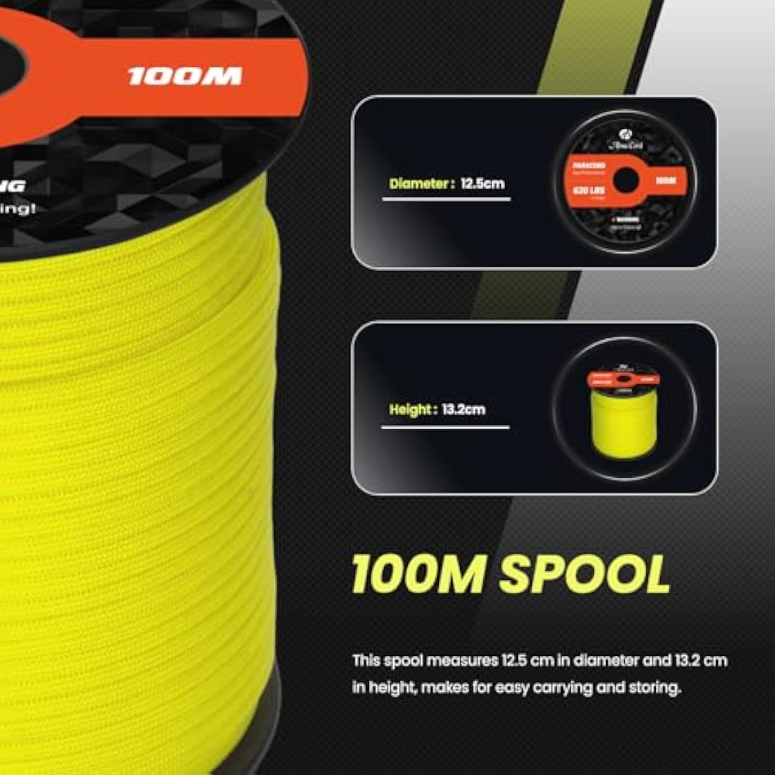 Abma Cord Paracord 4mm 100m 100% Nylon Rope 9 Strands Type III Parachute Cord for DIY, Camping, Survival, Outdoor - Max. 280kg - Neon Yellow