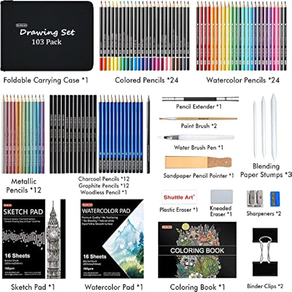 Shuttle Art 103 Pack Sketching and Drawing Set, Sketch Books, Graphite and Colouring Pencils in Sturdy Zipper Case, Art Supplies for Artists, Beginners, Adults
