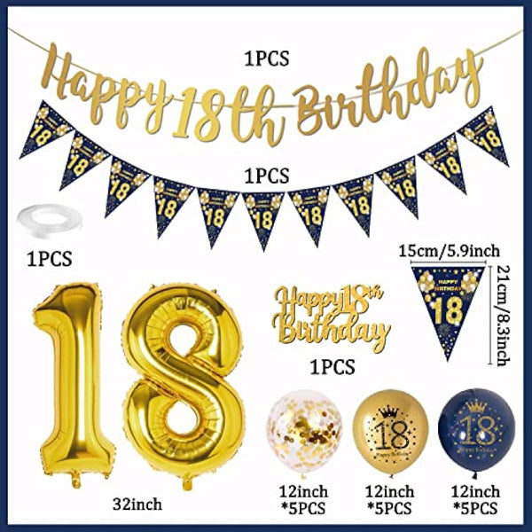 18th Birthday Decorations Boys Blue Gold Happy 18th Birthday Banner, 18th Birthday Balloons, Navy Blue Gold Latex Balloons Party Decorations Confetti Balloons for Boys 18 Birthday Party Supplies