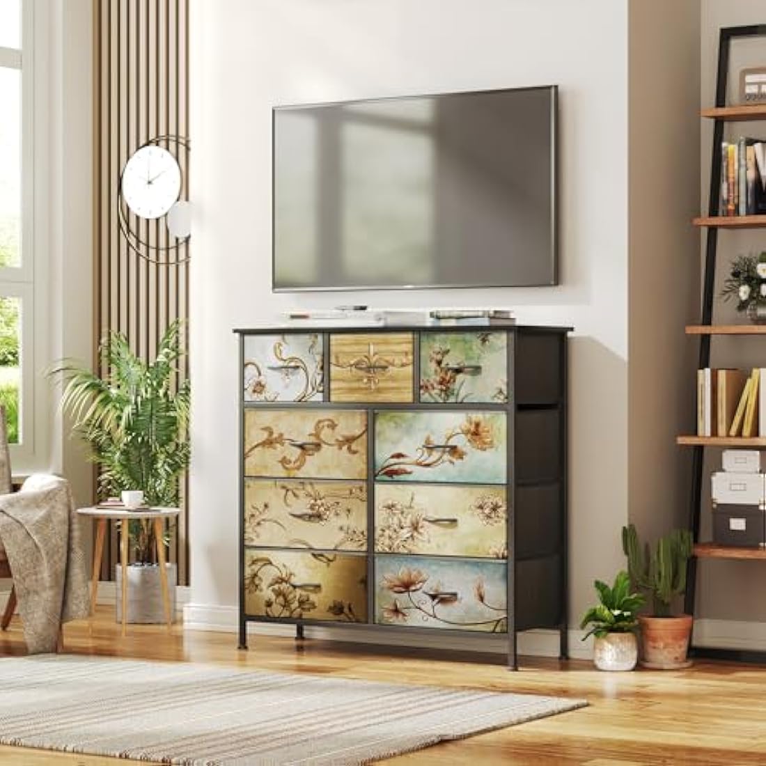 Flrrtenv Chest of Drawers Bedroom with 9 Drawers, Tall Fabric Dressers with Flower Printing, Dresser for Entryway Hallway Living Room, Closet Storage Drawer, Black Wooden Top