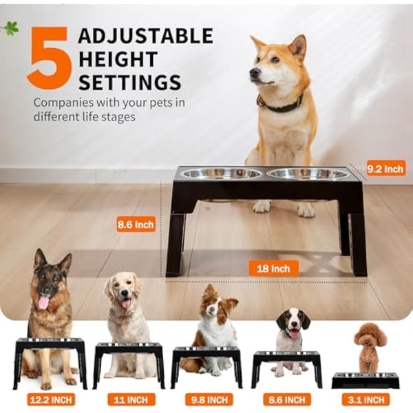 FOREYY Adjustable Elevated Dog Bowls with 2 Stainless Steel Bowls and 1 Float Bowl, Raised Dog Bowl 5 Heights, Non-Slip Dog Food water Bowl Stand for Small Medium Large Dogs(Gray)
