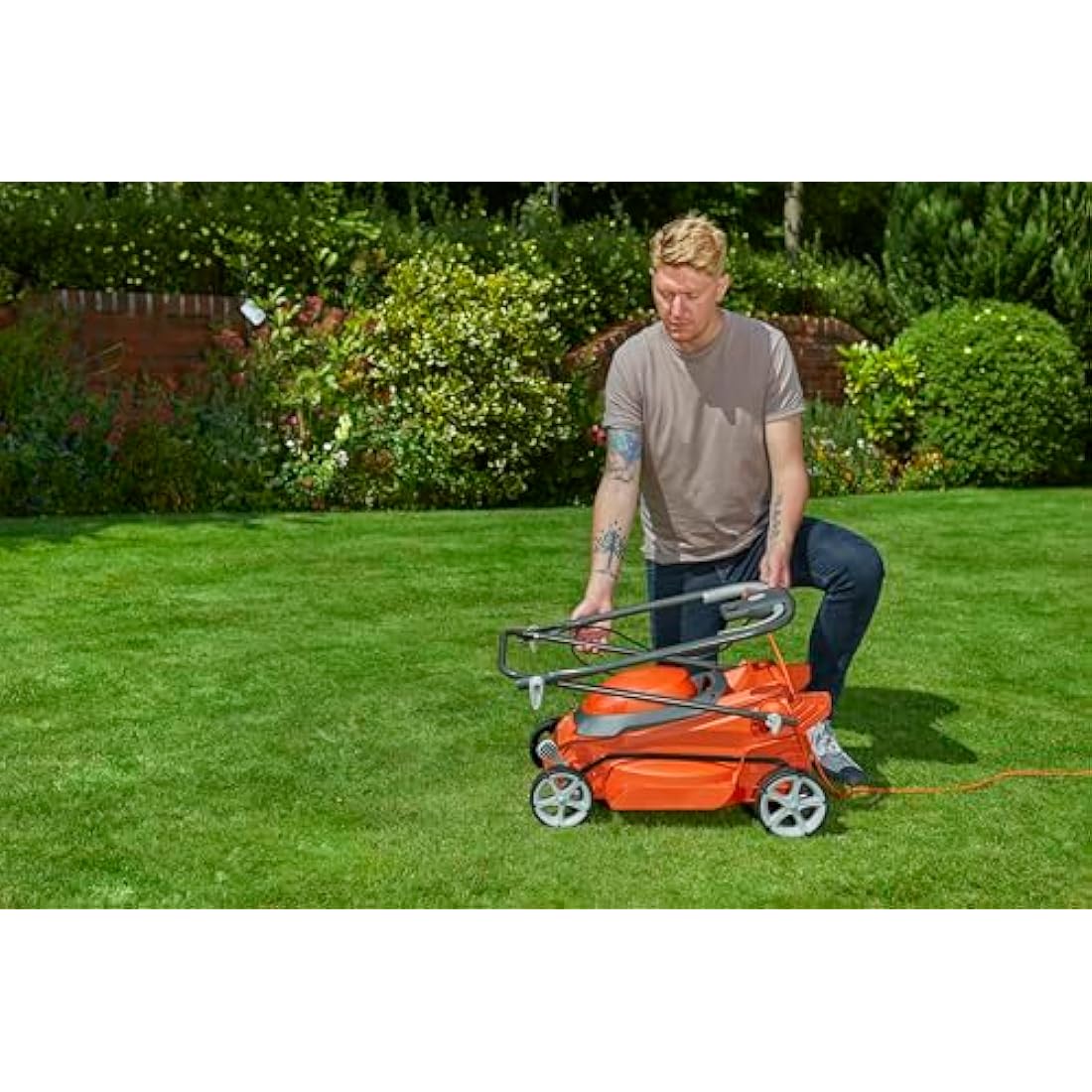 Flymo EasiStore 380R Electric Rotary Lawn Mower - 38 cm Cutting Width, 45 Litre Grass Box, Close Edge Cutting, Rear Roller, Central Height Adjust, Space Saving Storage Features